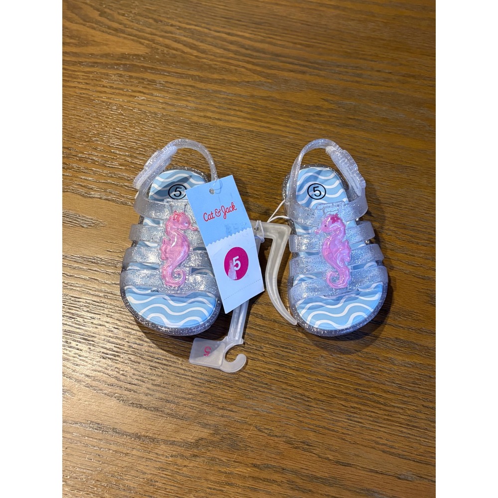 Cat & Jack Toddler Girls Clear Glitter Seahorse Jelly Sandals Size 5 NEW